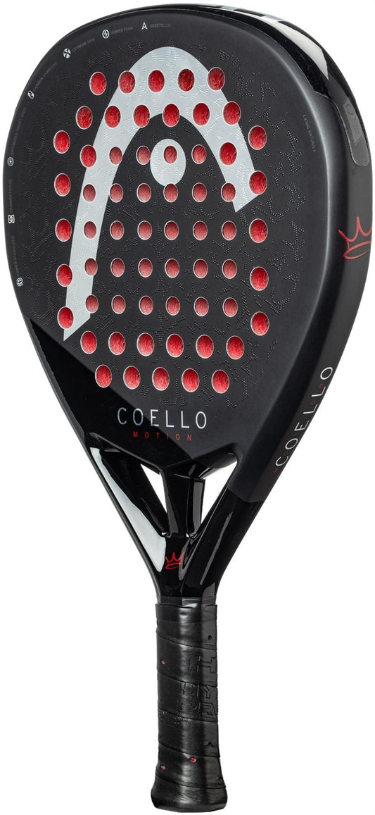 The HEAD Coello Motion 2025 Padel Racket - Black features red circular holes, a white stylized "H" logo, "Coello" on the face, Extreme Spin technology, and a textured black grip handle. Brand: HEAD.