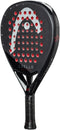 The HEAD Coello Motion 2025 Padel Racket - Black features red circular holes, a white stylized "H" logo, "Coello" on the face, Extreme Spin technology, and a textured black grip handle. Brand: HEAD.