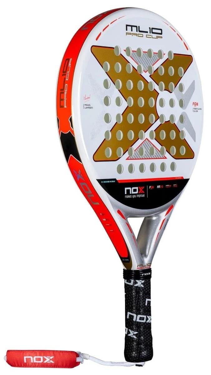 The NOX ML10 Pro Cup Coorp By Miguel Lamperti 2025 Padel Racket features a red, white, and gold design with a black grip, circular face holes, and a removable strap.