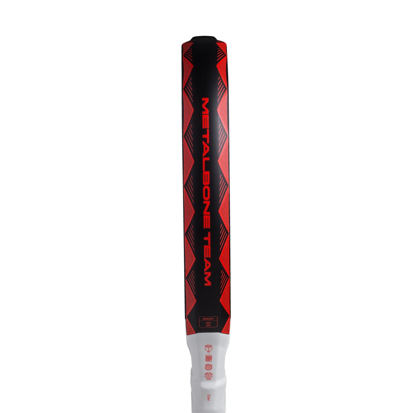 The ADIDAS Metalbone Team 3.4 Padel Racket in black and red sports "Metalbone Team" and a subtle logo on its white handle, making it ideal for advanced players seeking style and high performance.