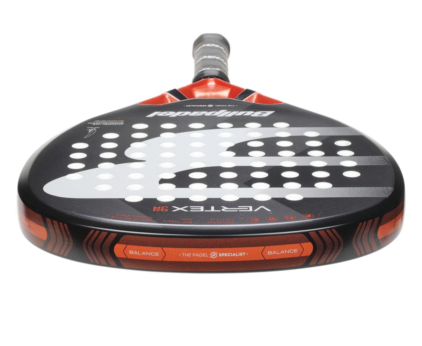 A close-up of the Bullpadel Vertex Junior 25 Padel Racket in black, ideal for young players. It features numerous round holes, "Bullpadel," and "Vertex 3.1" branding, emphasizing balance, with a grey grip-wrapped handle.