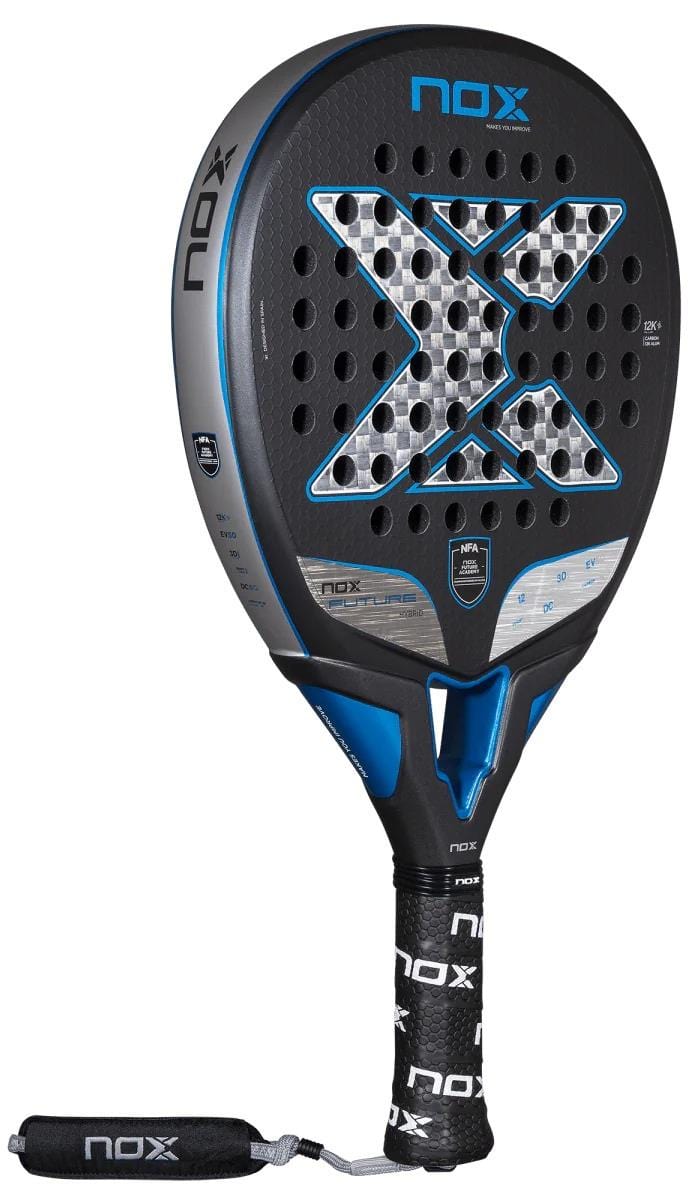 The NOX NFA Future Hybrid 12K Alum Padel Racket in black and blue has a large "X" face design, multiple holes, a black grip with NOX branding, a wrist strap, and is constructed with durable Carbon 12K.