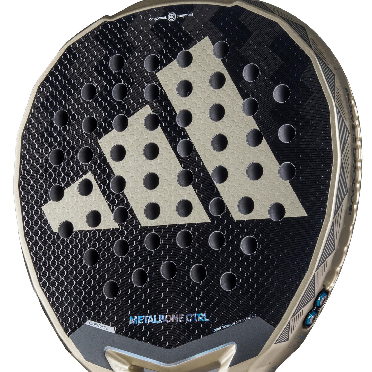 Close-up of an adidas round paddle with an octagonal structure and perforated surface, featuring a geometric logo. The text "Metalbone CTRL 3.4" hints at its model name. A honeycomb pattern complements the advanced weight and balance system of the ADIDAS Metalbone CTRL 3.4 Padel Racket - Gold for optimal performance.