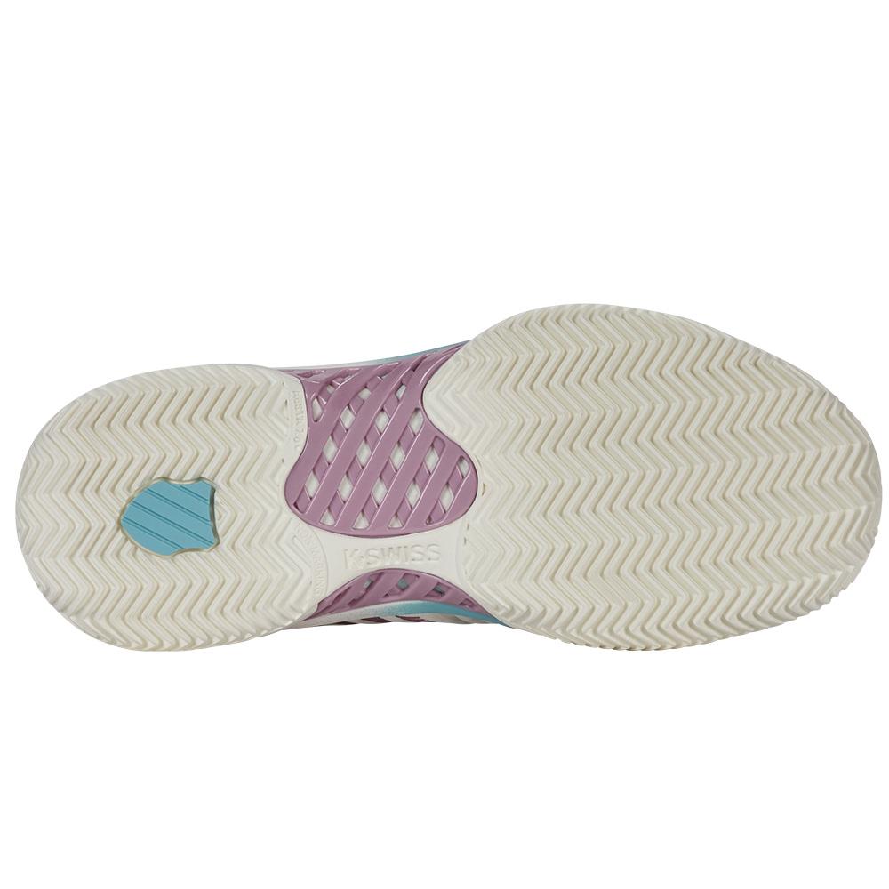 The image shows the K-Swiss Express Light 3 Women's Padel Shoes with a white herringbone tread pattern for traction. The midsole features pink and turquoise hues, and "K-Swiss" is subtly marked near the center, emphasizing their lightweight construction.