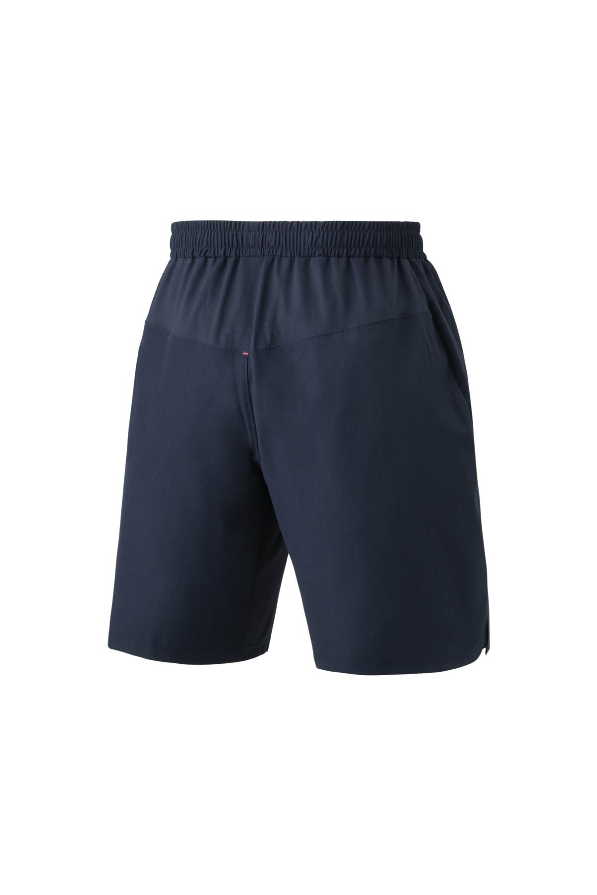 An indigo marine pair of Yonex 15165 Men's Padel Shorts is shown against a white background, featuring an elastic waistband, side pockets, and designed with VeryCool technology for ultraviolet reduction.