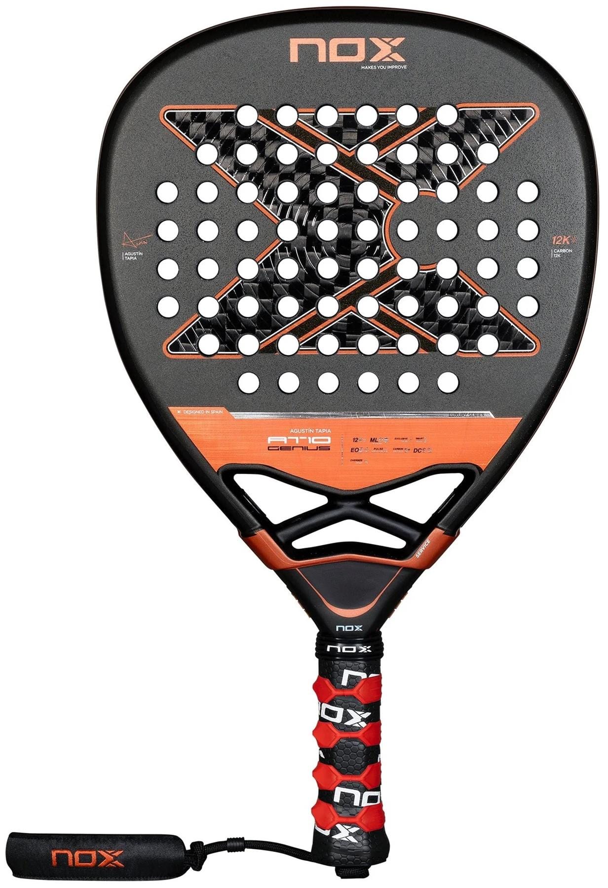 The NOX AT10 Luxury Genius Attack 12K by Agustin Tapia 2025 padel racket features a black and red 12K carbon fibre build, "X" center design, multiple holes, a wrapped handle, and the NOX logo.