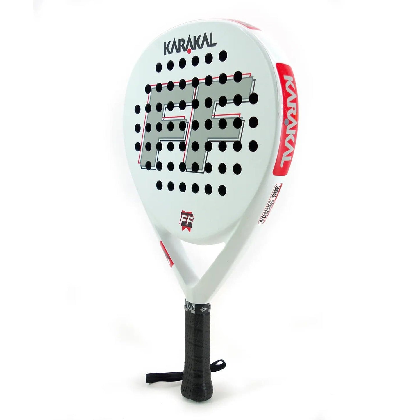 The Karakal FF 365 padel racket, crafted for intermediate-level players, features an eye-catching geometric pattern. The "Karakal" brand name is prominently displayed on both the top and side. It includes a comfortable grip on its handle and an attached wrist strap to ensure secure play.
