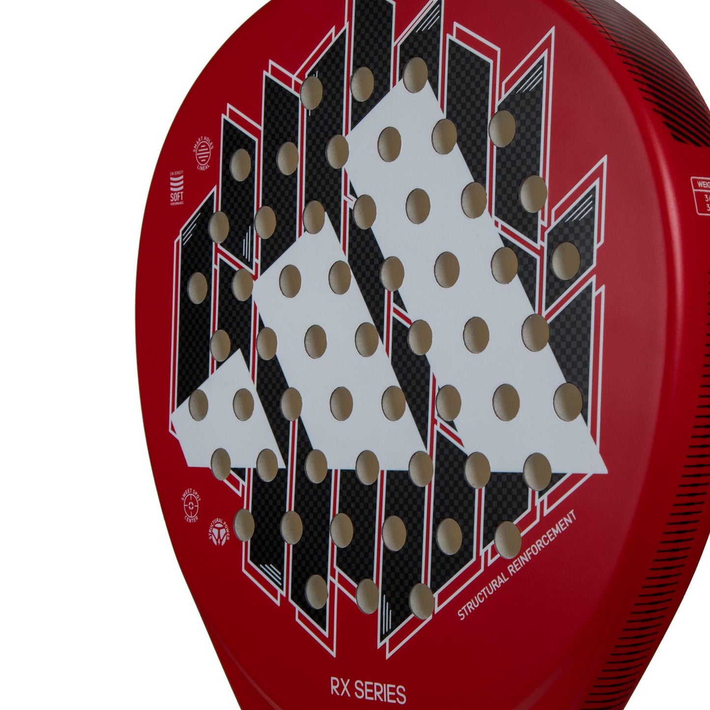 Introducing the ADIDAS RX Series Padel Racket - Red by adidas, characterized by its vibrant red design with layered white triangles and black accents. Its geometric surface is complemented by a soft performance EVA rubber core and robust fiberglass construction, guaranteeing both style and durability on the court.