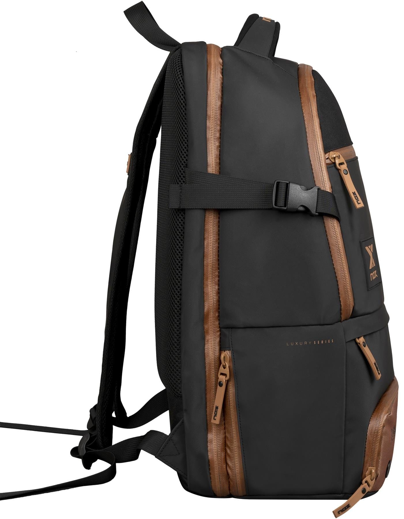 The NOX Luxury Open Series Padel Backpack in black with brown accents features multiple compartments and adjustable shoulder straps, shown from the side.