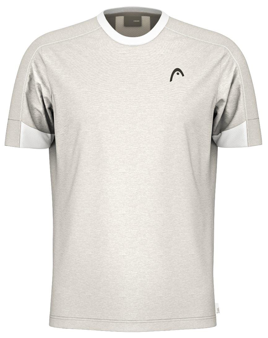 The HEAD Play Tech Men's Padel T-Shirt in white/grey is a light athletic tee with short sleeves and white accents on the shoulders and sleeves. It has breathable mesh inserts, Moisture Transfer Microfiber technology, and a small black logo on the left chest.