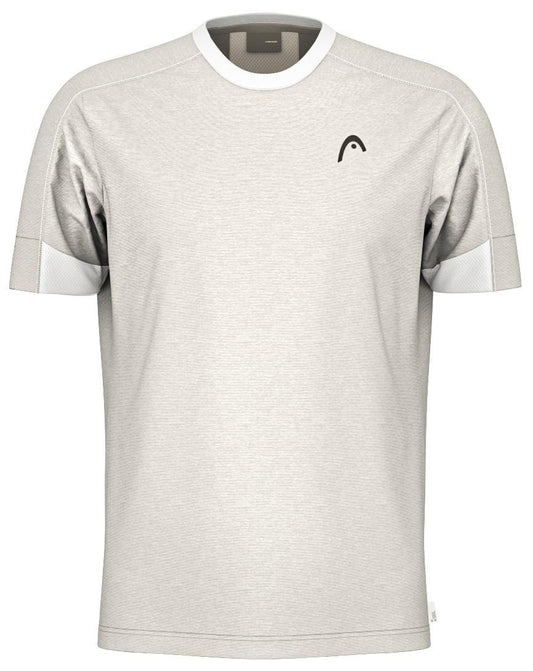 The HEAD Play Tech Men's Padel T-Shirt in white/grey is a light athletic tee with short sleeves and white accents on the shoulders and sleeves. It has breathable mesh inserts, Moisture Transfer Microfiber technology, and a small black logo on the left chest.