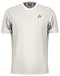 The HEAD Play Tech Men's Padel T-Shirt in white/grey is a light athletic tee with short sleeves and white accents on the shoulders and sleeves. It has breathable mesh inserts, Moisture Transfer Microfiber technology, and a small black logo on the left chest.