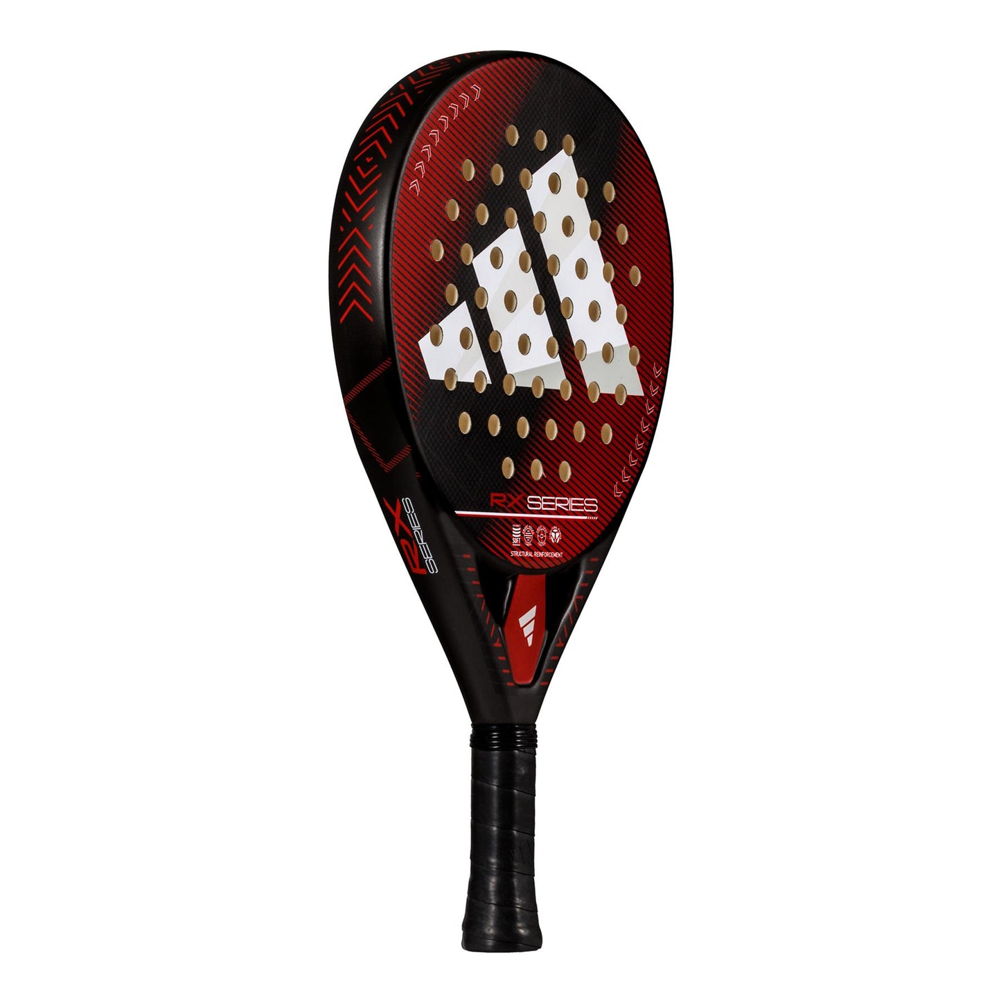 The ADIDAS RX Series Red 3.4 Padel Racket in black/red by adidas is ideal for intermediate players, featuring a round head with white circular cutouts and a triangular logo. Its handle is wrapped in black grip tape for superior control.