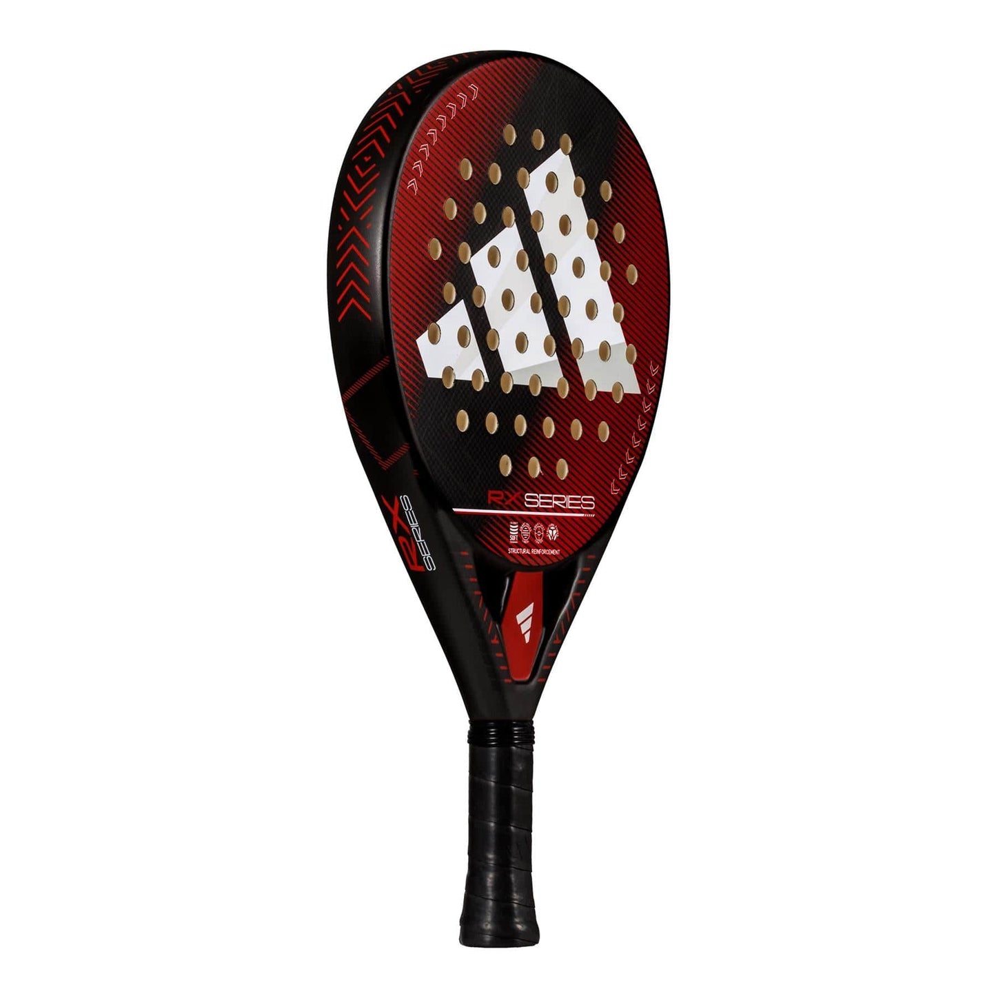 The ADIDAS RX Series Red 3.4 Padel Racket in black/red by adidas is ideal for intermediate players, featuring a round head with white circular cutouts and a triangular logo. Its handle is wrapped in black grip tape for superior control.