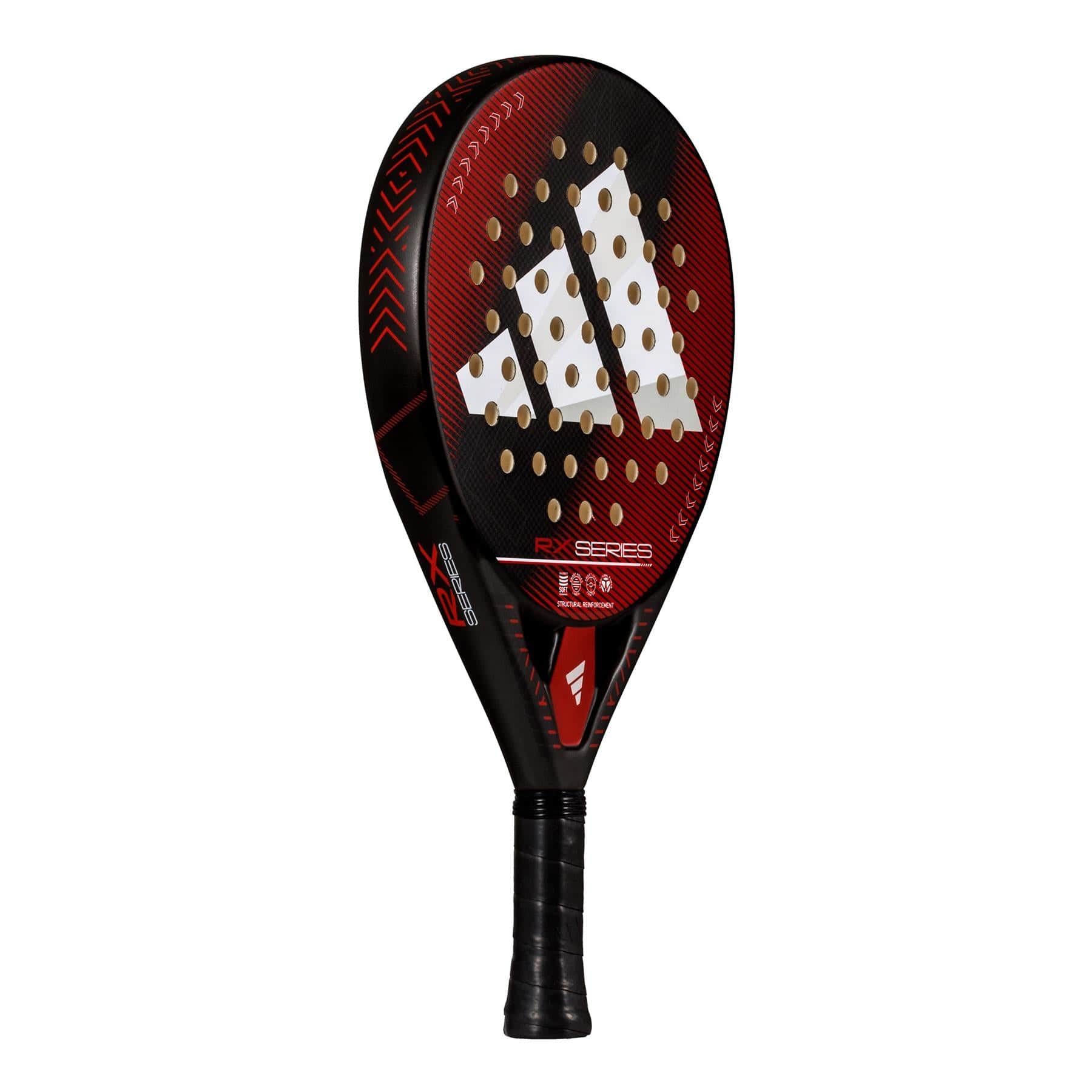 The ADIDAS RX Series Red 3.4 Padel Racket in black/red by adidas is ideal for intermediate players, featuring a round head with white circular cutouts and a triangular logo. Its handle is wrapped in black grip tape for superior control.