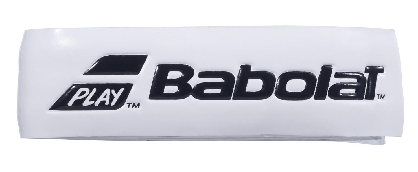 A close-up of a white wristband highlights the Babolat logo in black, accompanied by the word "PLAY" and a stylized emblem. Designed for maximum comfort, this wristband complements your gear just as the Babolat XCEL Gel X1 Replacement Padel Grip - White enhances your racket.