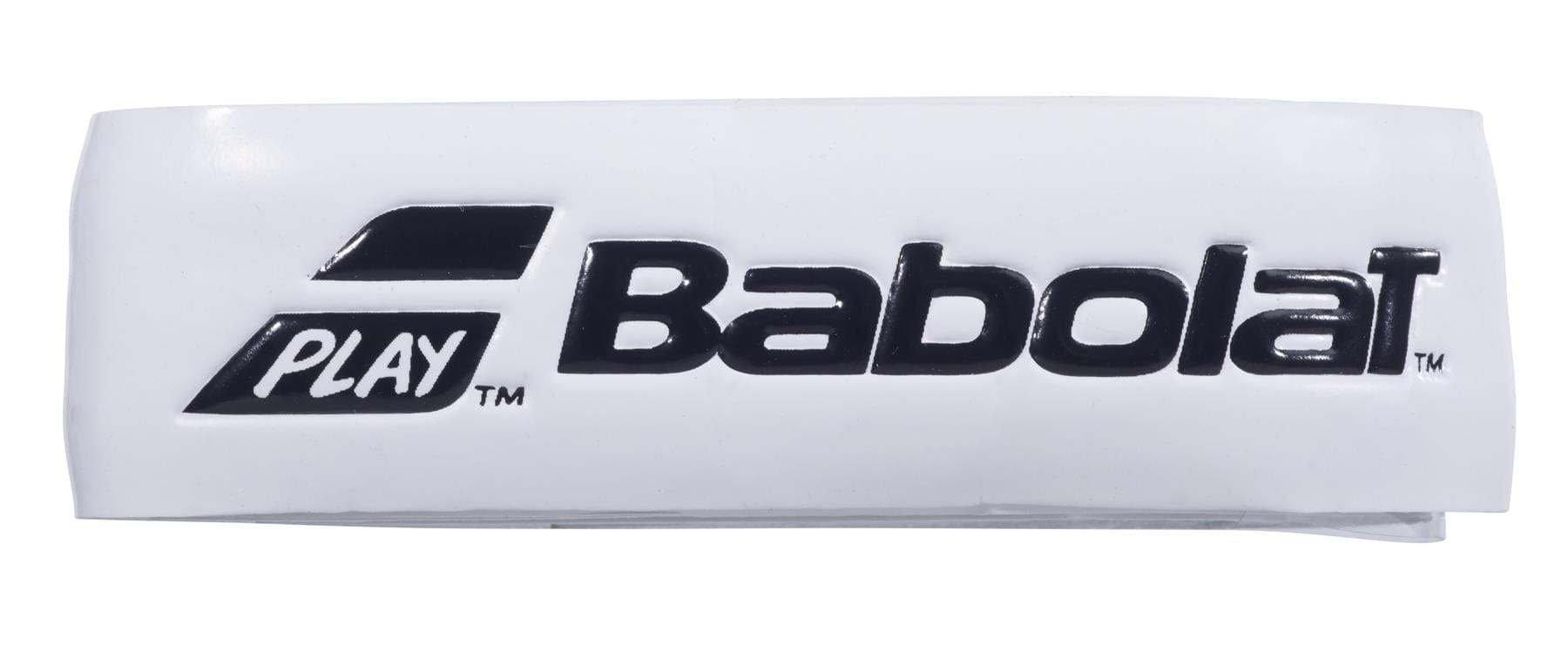A close-up of a white wristband highlights the Babolat logo in black, accompanied by the word "PLAY" and a stylized emblem. Designed for maximum comfort, this wristband complements your gear just as the Babolat XCEL Gel X1 Replacement Padel Grip - White enhances your racket.