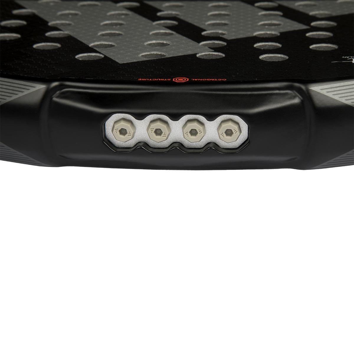 Close-up of the adidas Metalbone 3.4 Padel Racket in Black/White for advanced players, showcasing its robust frame and metallic round components. The surface features a textured pattern with precise circular holes.