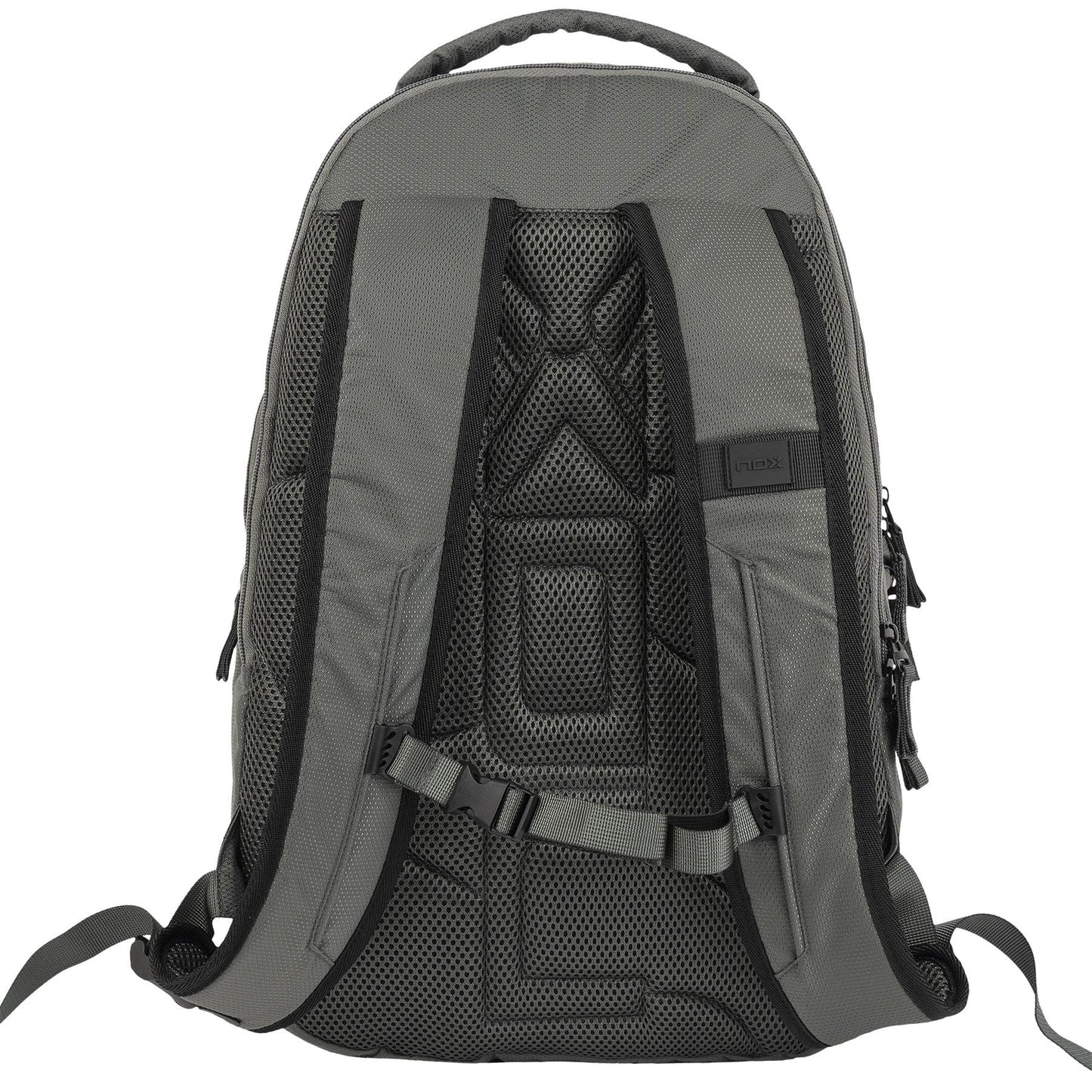 The NOX Street Series Padel Backpack - Grey features padded shoulder straps, a mesh back panel for ventilation, adjustable waist strap, sturdy top handle, and side zippers—ideal for sports adventures. Brand: NOX.