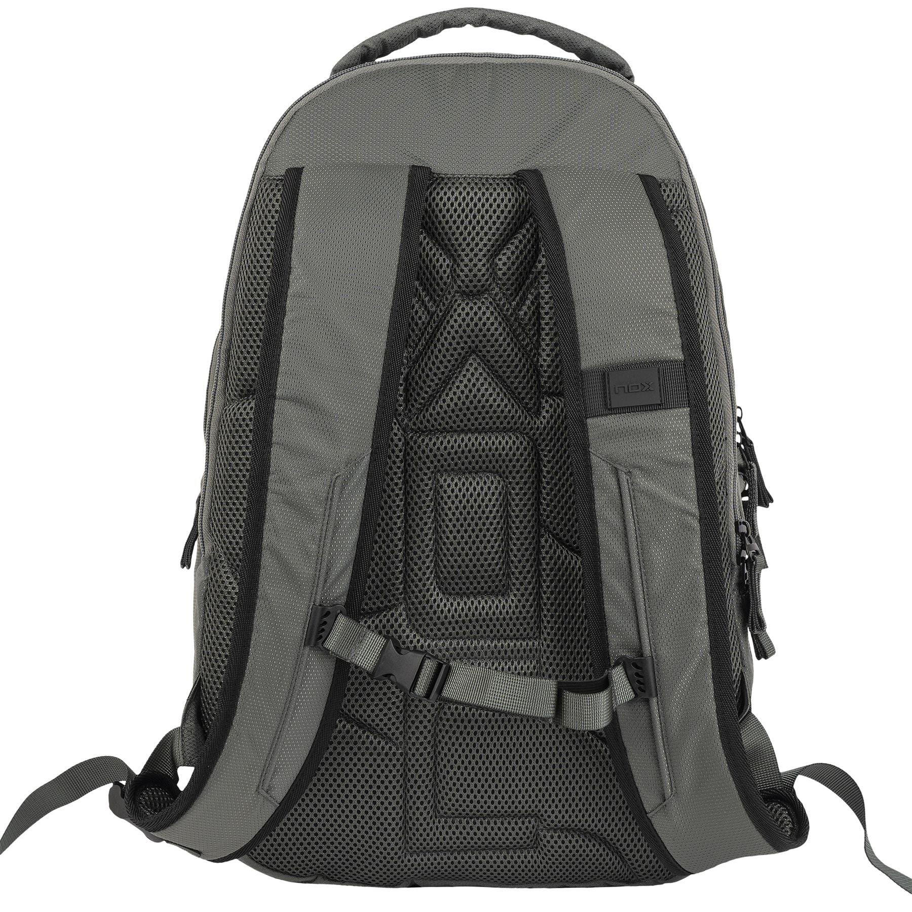 The NOX Street Series Padel Backpack - Grey features padded shoulder straps, a mesh back panel for ventilation, adjustable waist strap, sturdy top handle, and side zippers—ideal for sports adventures. Brand: NOX.