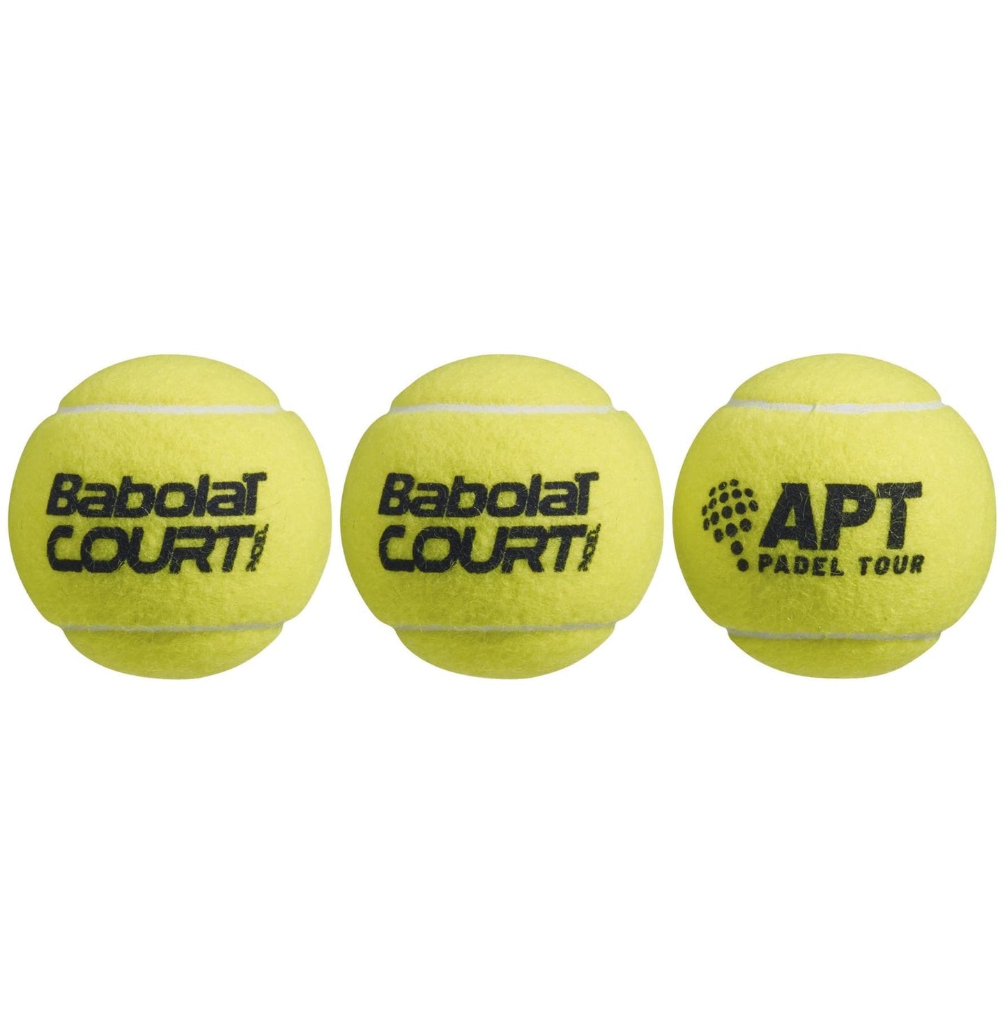 Three yellow padel balls are displayed in a row. The first two are printed with "Babolat Court," while the third features "APT Padel Tour." This set, known as the Babolat Court X3 Padel Balls from the brand Babolat, is perfect for any padel enthusiast seeking quality gear recognized by fans worldwide.