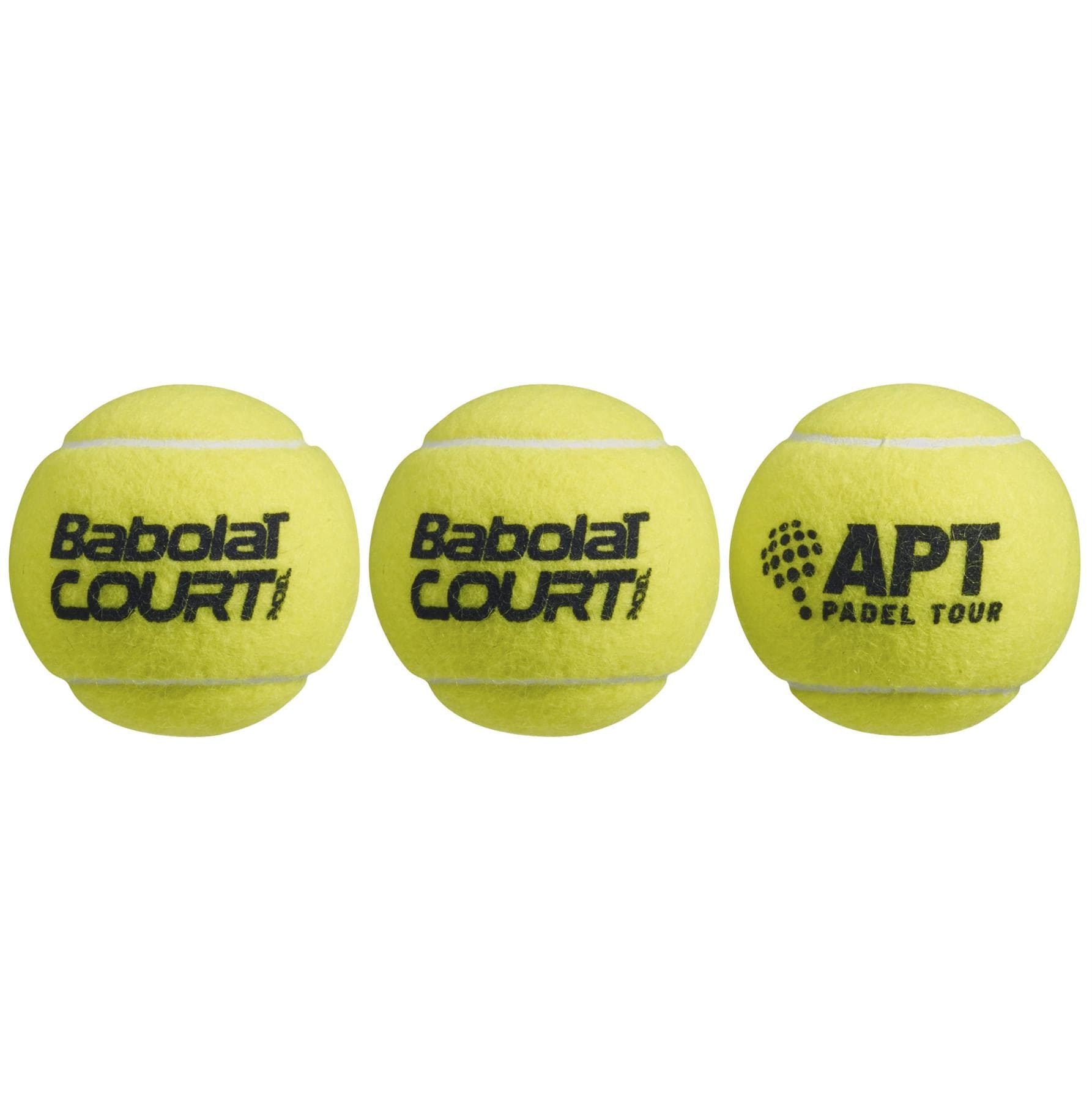 Three yellow padel balls are displayed in a row. The first two are printed with "Babolat Court," while the third features "APT Padel Tour." This set, known as the Babolat Court X3 Padel Balls from the brand Babolat, is perfect for any padel enthusiast seeking quality gear recognized by fans worldwide.