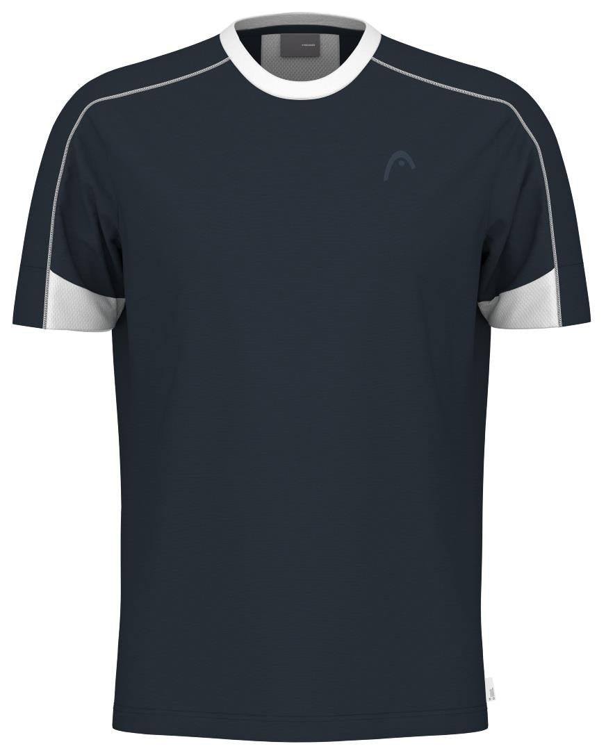 The HEAD Play Tech Men's Padel T-Shirt in Navy delivers sporty flair with its dark short sleeves, white collar accents, and subtle stitching. It features a round neckline and Moisture Transfer Microfiber technology for ultimate comfort during play.