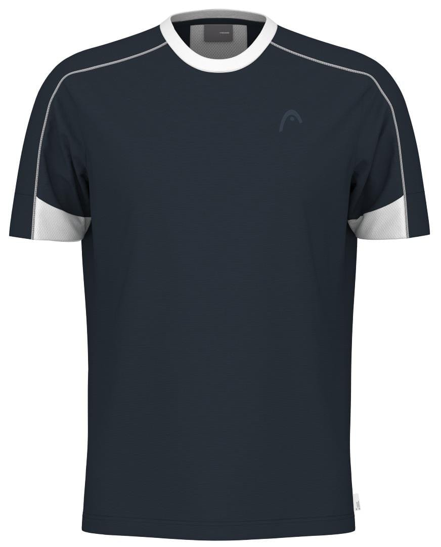 The HEAD Play Tech Men's Padel T-Shirt in Navy delivers sporty flair with its dark short sleeves, white collar accents, and subtle stitching. It features a round neckline and Moisture Transfer Microfiber technology for ultimate comfort during play.