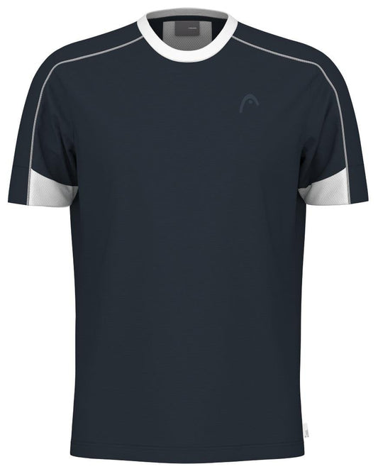 The HEAD Play Tech Men's Padel T-Shirt in Navy delivers sporty flair with its dark short sleeves, white collar accents, and subtle stitching. It features a round neckline and Moisture Transfer Microfiber technology for ultimate comfort during play.