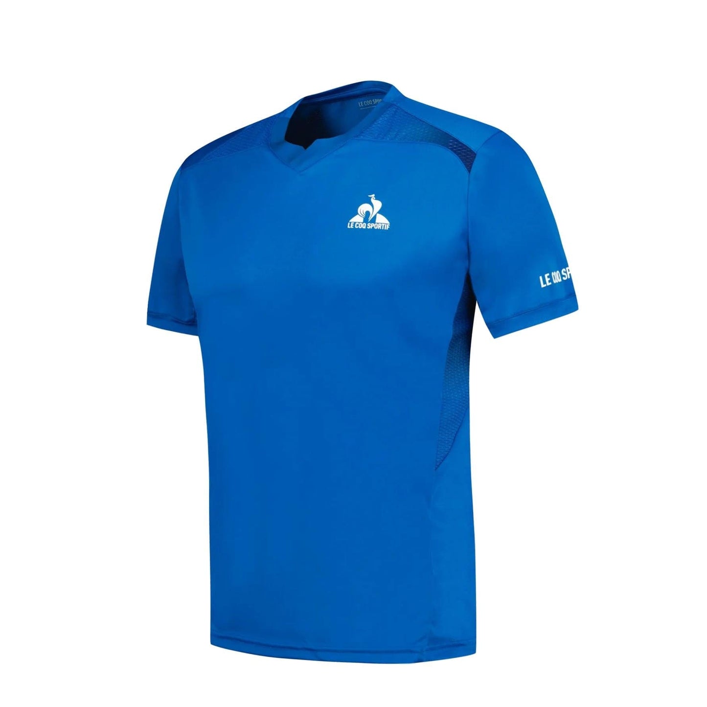The Le Coq Sportif Pro Men's Padel T-Shirt in Lapis Blue offers optimal breathability and a sleek design, featuring short sleeves and a chest logo, making it perfect for sports or casual wear.