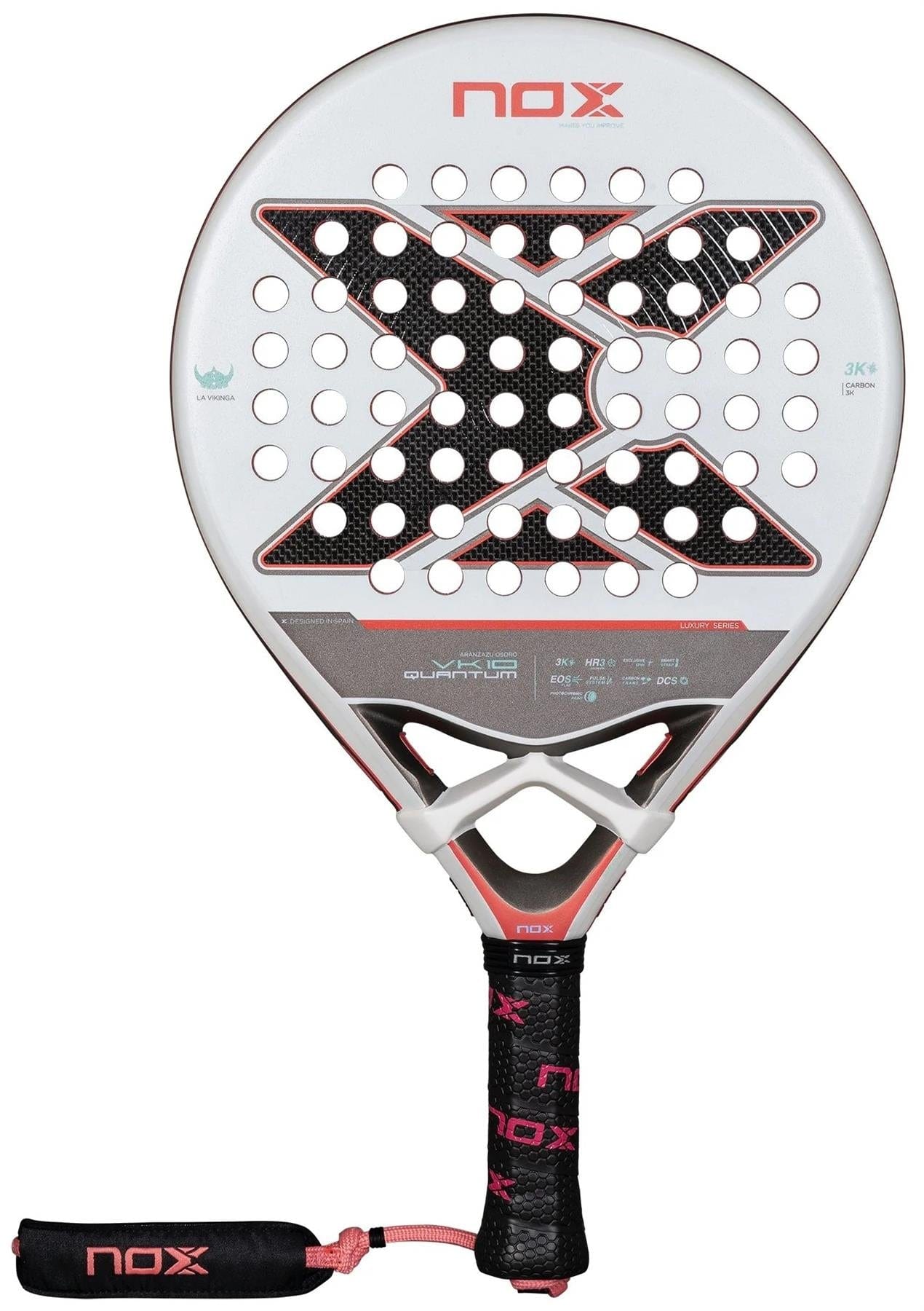 The NOX Luxury VK10 Quantum 3K By Aranzazu Osoro 2025 Padel Racket features a bold white, black, and red design with a central "X," perforated face, black grip with pink accents, and TECHNOLOGY EOS Flap for enhanced performance.