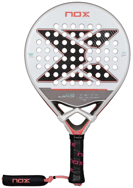 The NOX Luxury VK10 Quantum 3K By Aranzazu Osoro 2025 Padel Racket features a bold white, black, and red design with a central "X," perforated face, black grip with pink accents, and TECHNOLOGY EOS Flap for enhanced performance.