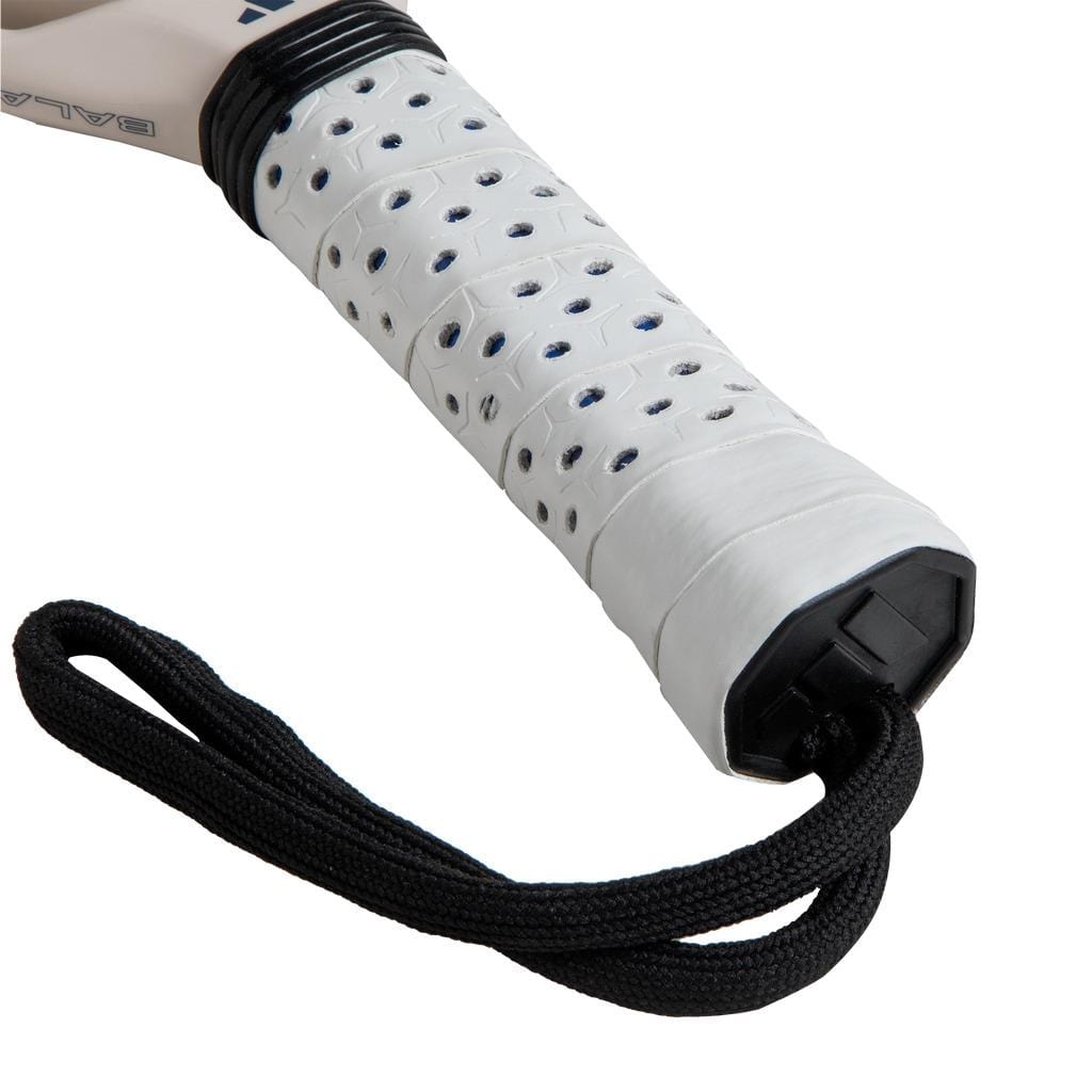 Close-up of the adidas Cross It Team Light 3.4 Padel Racket - White, featuring a perforated white grip with a black wrist strap, designed for advanced-level players.