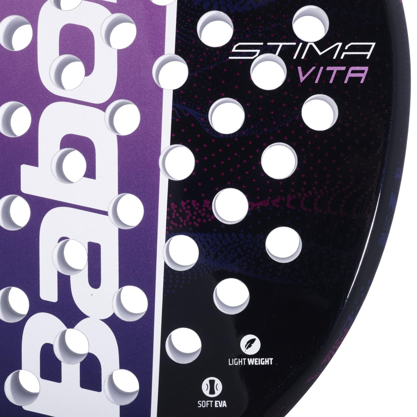 Close-up of the Babolat Stima Vita Padel Racket - Black / Purple by Babolat, showing “STIMA VITA,” “LIGHT WEIGHT,” and “SOFT EVA” text and circular holes on its lightweight surface.