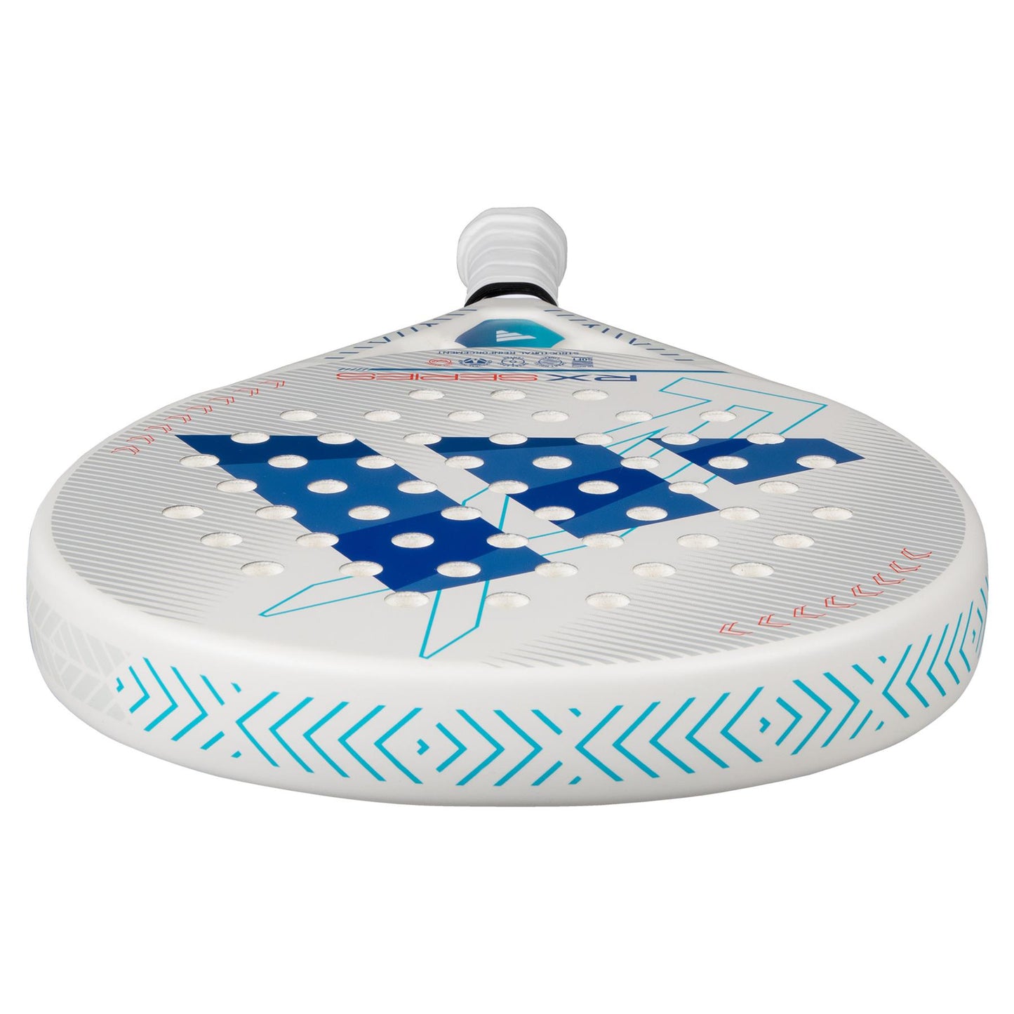 A close-up of the adidas RX Series Light 3.4 padel racket showcases a white base with blue geometric patterns and multiple round holes, crafted for intermediate players. It has a lightweight design, a black and white grip, and blue zigzag edges.