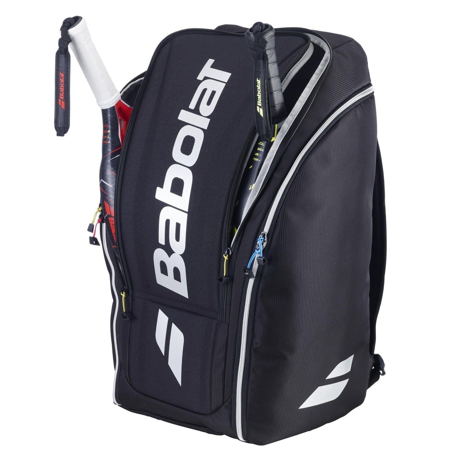 The Babolat RH Perf Padel 2nd Gen Backpack in black and silver features multiple zippered compartments, bold white logo accents, and keeps racquet handles separated for high-performance padel players.