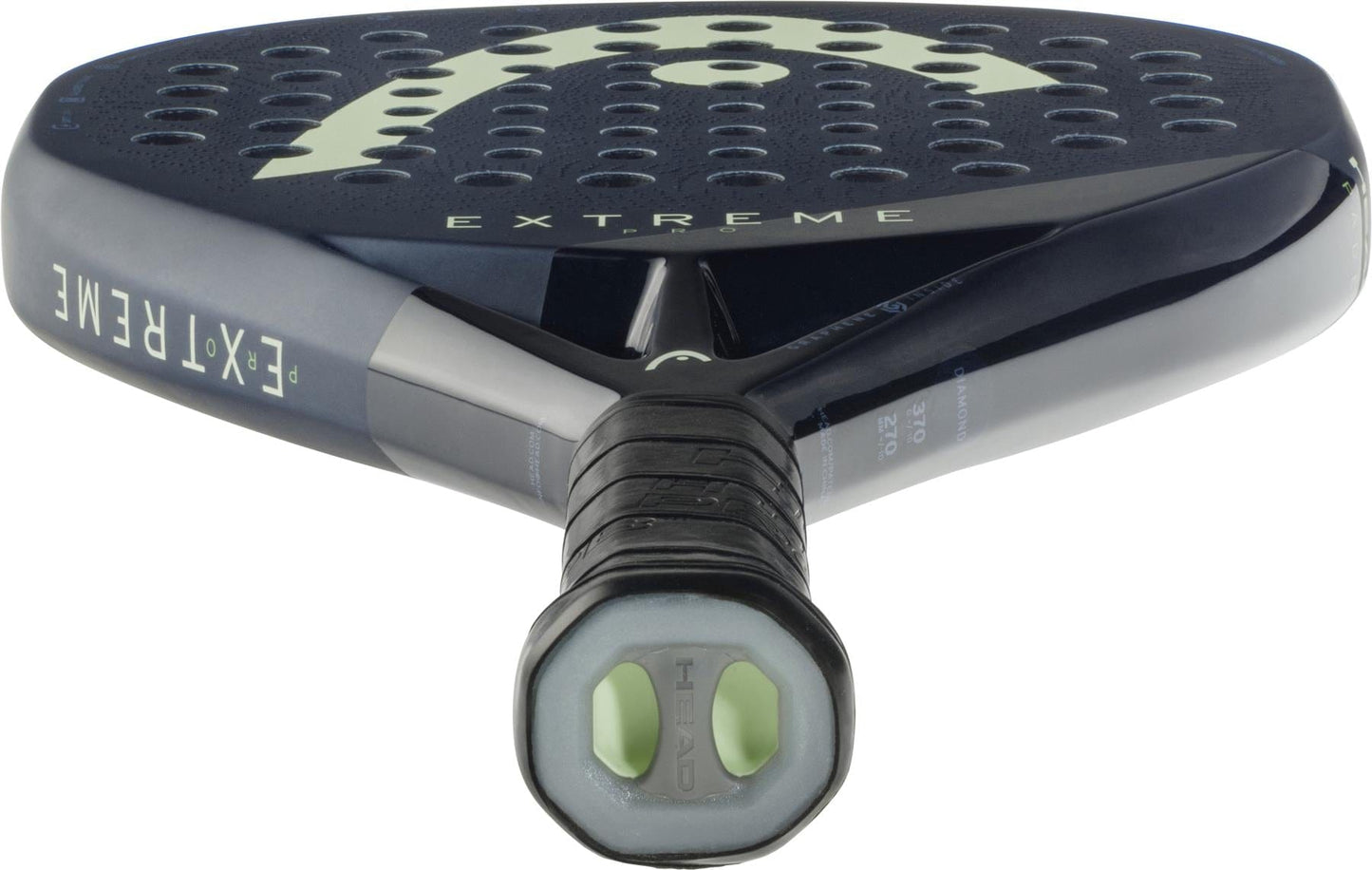 Close-up of the handle and lower part of the HEAD Extreme Pro 2025 Padel Racket - Blue, showing a hexagonal butt cap, diamond-shaped head, black and gray details, and “EXTREME” text on the frame.