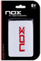 The NOX Padel Wristband - White / Red is a cotton fabric wristband for racket sports, featuring the NOX logo in red and World Padel Tour logo on black and red packaging. Ideal for fans of NOX accessories.
