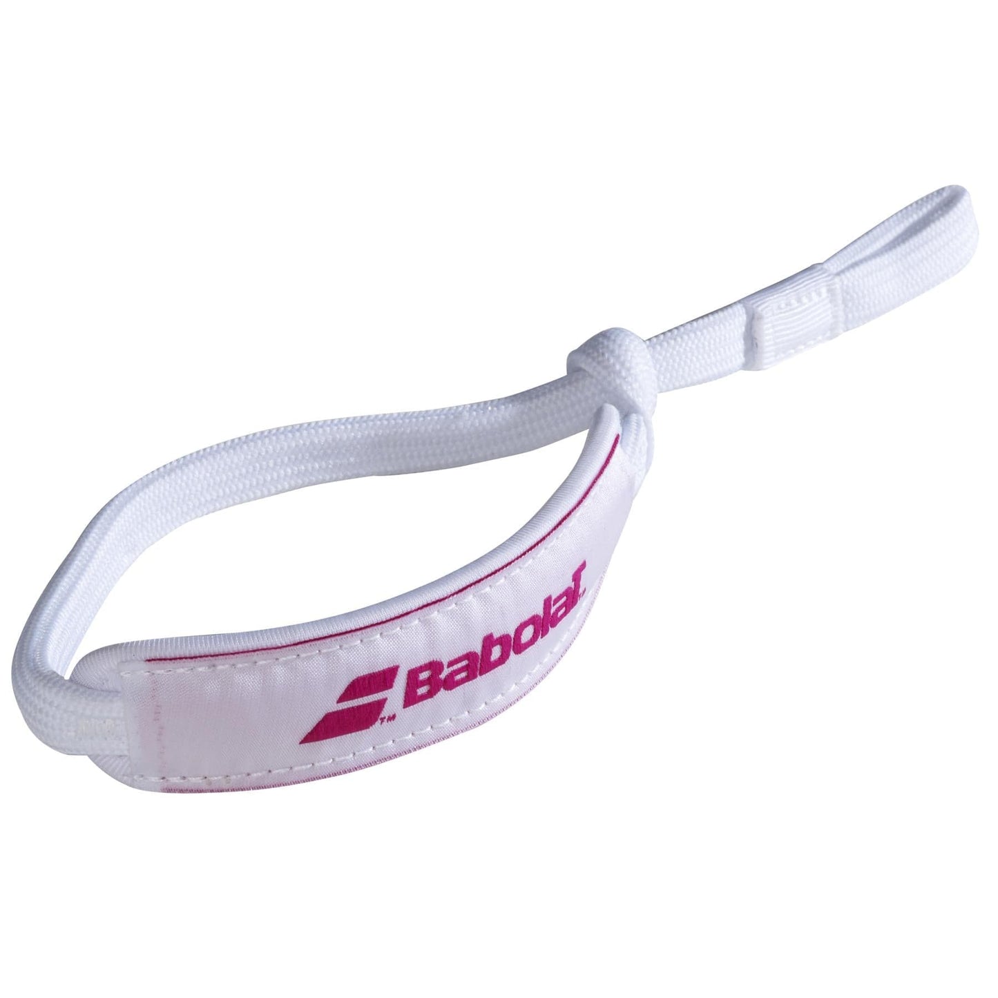 Introducing the Babolat Padel Wrist Strap in White Pink, featuring a convenient loop, adjustable fastener, and a stylishly padded section with the pink Babolat logo. This removable accessory is designed for use with compatible rackets, offering both functionality and style for every player.