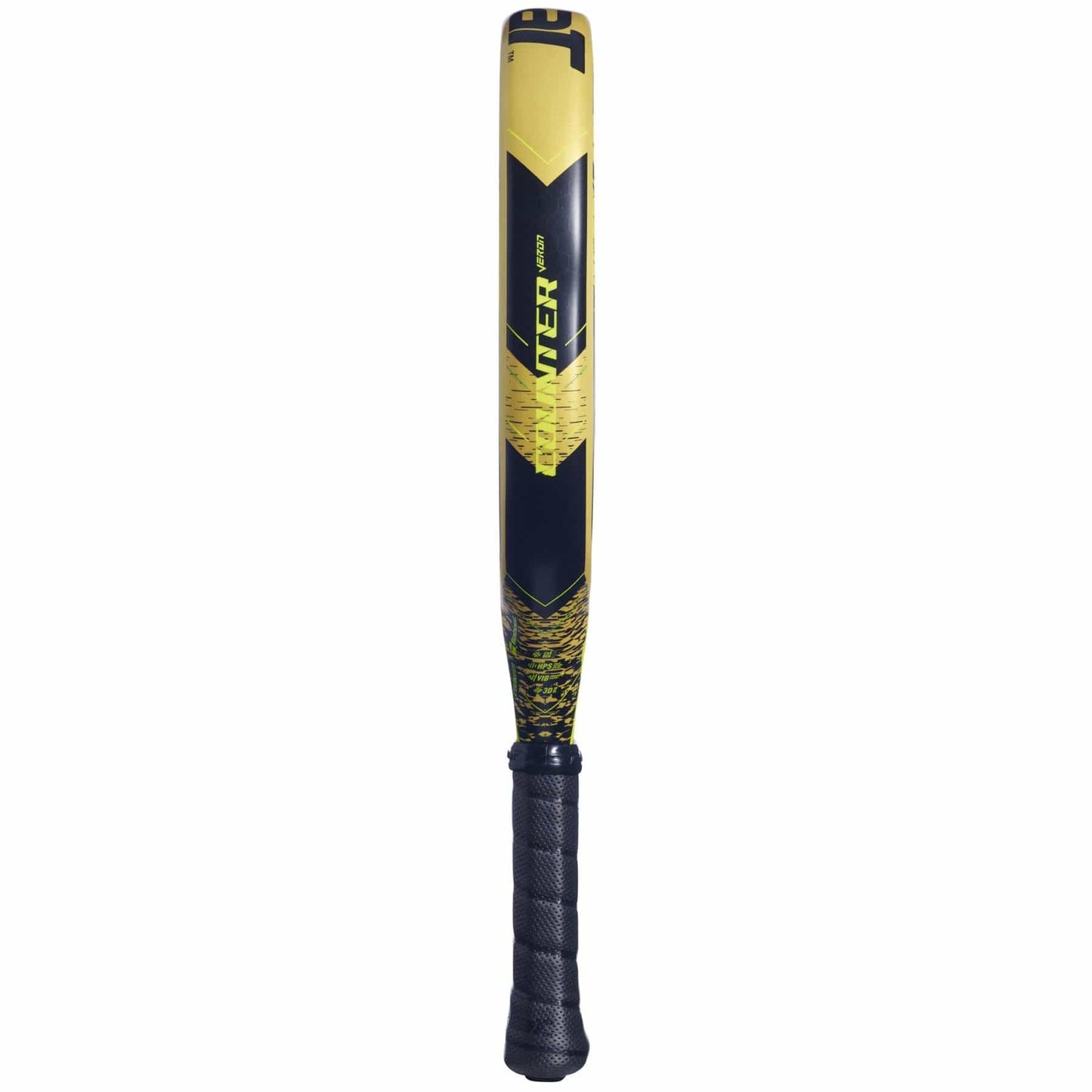 A close-up of a yellow and black padel racket with a textured grip and the "Babolat" brand logo on the side. It features a sleek, modern design with angular patterns near the top and incorporates cutting-edge technology for enhanced performance.