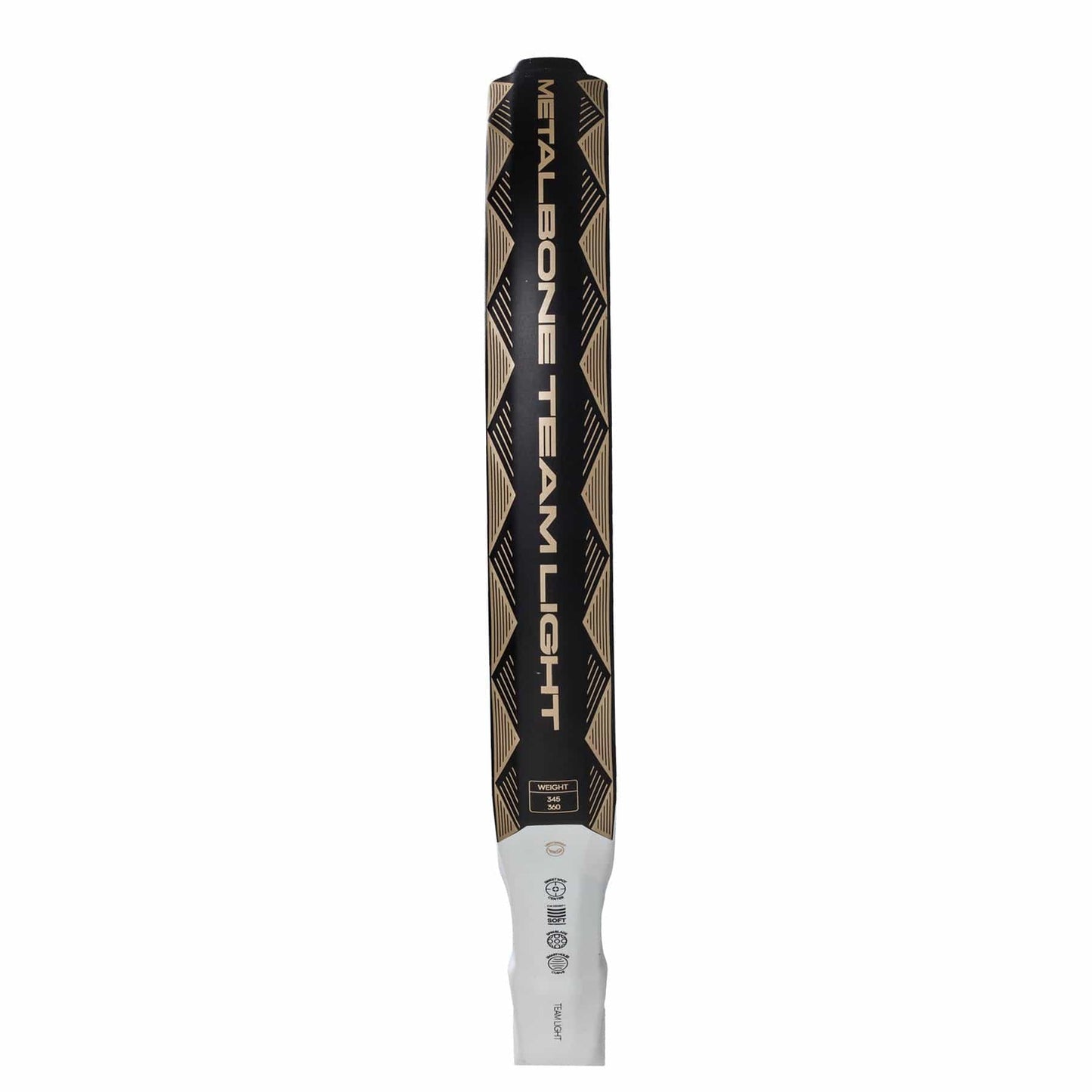 Front view of the ADIDAS Metalbone Team Light 3.4 Padel Racket in black/white, featuring a dark frame and gold geometric design. The bold "METALBONE TEAM LIGHT" shaft text suits advanced players seeking precision, while the white grip tape resembles a lightweight padel racket for enhanced control.