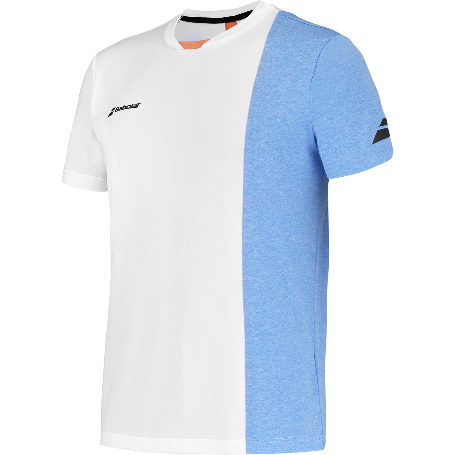 The Babolat Play Crew Men's Padel T-Shirt in White/Blue Heather is a stylish short-sleeve shirt made from recycled polyester, featuring a unique design with a white body, light blue vertical panel, chest logo, and minimalistic stripe detail for comfort and style.