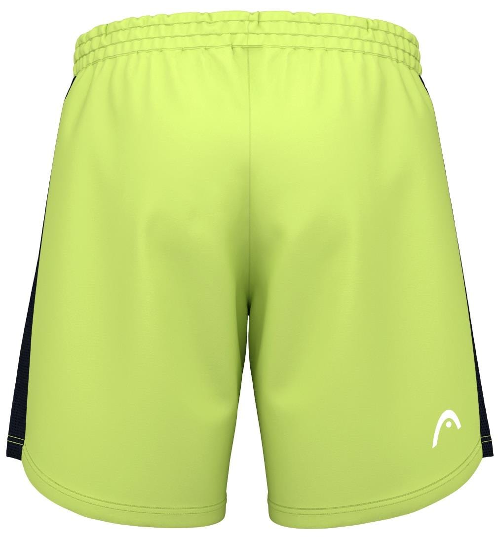 The HEAD Power Men's Padel Shorts - LL, bright green with dark side accents, feature a stretchy comfort fit, elastic waistband, small white logo on the lower right side, and innovative Moisture Transfer Microfiber technology for optimal performance.
