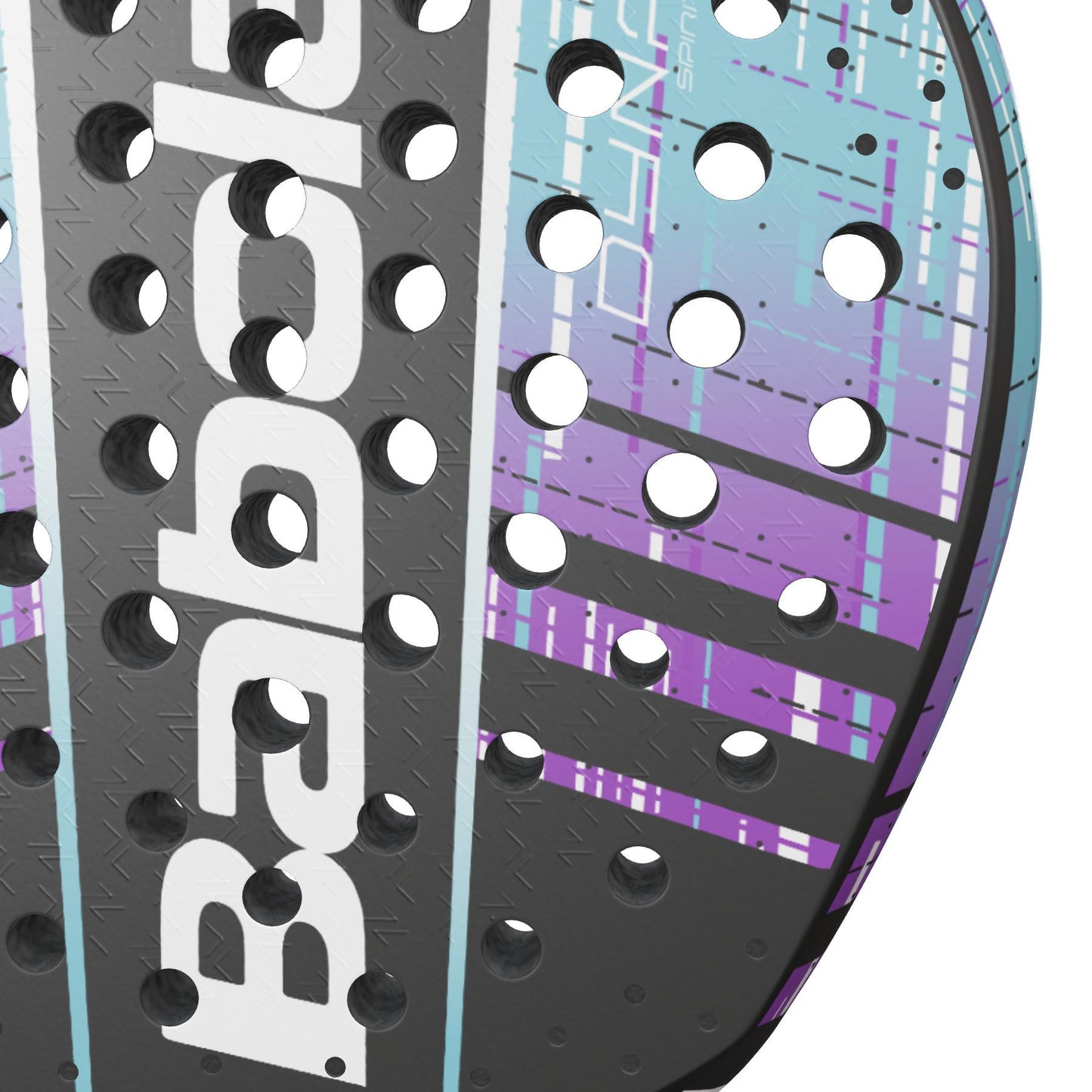 Close-up of the Babolat Dyna Spirit Padel Racket's face, showcasing its lightweight design with geometric shapes in white, black, purple, and blue. The teardrop headshape features 3D Spin textured details and evenly spaced holes. The brand name "Babolat" is partially visible in white text.