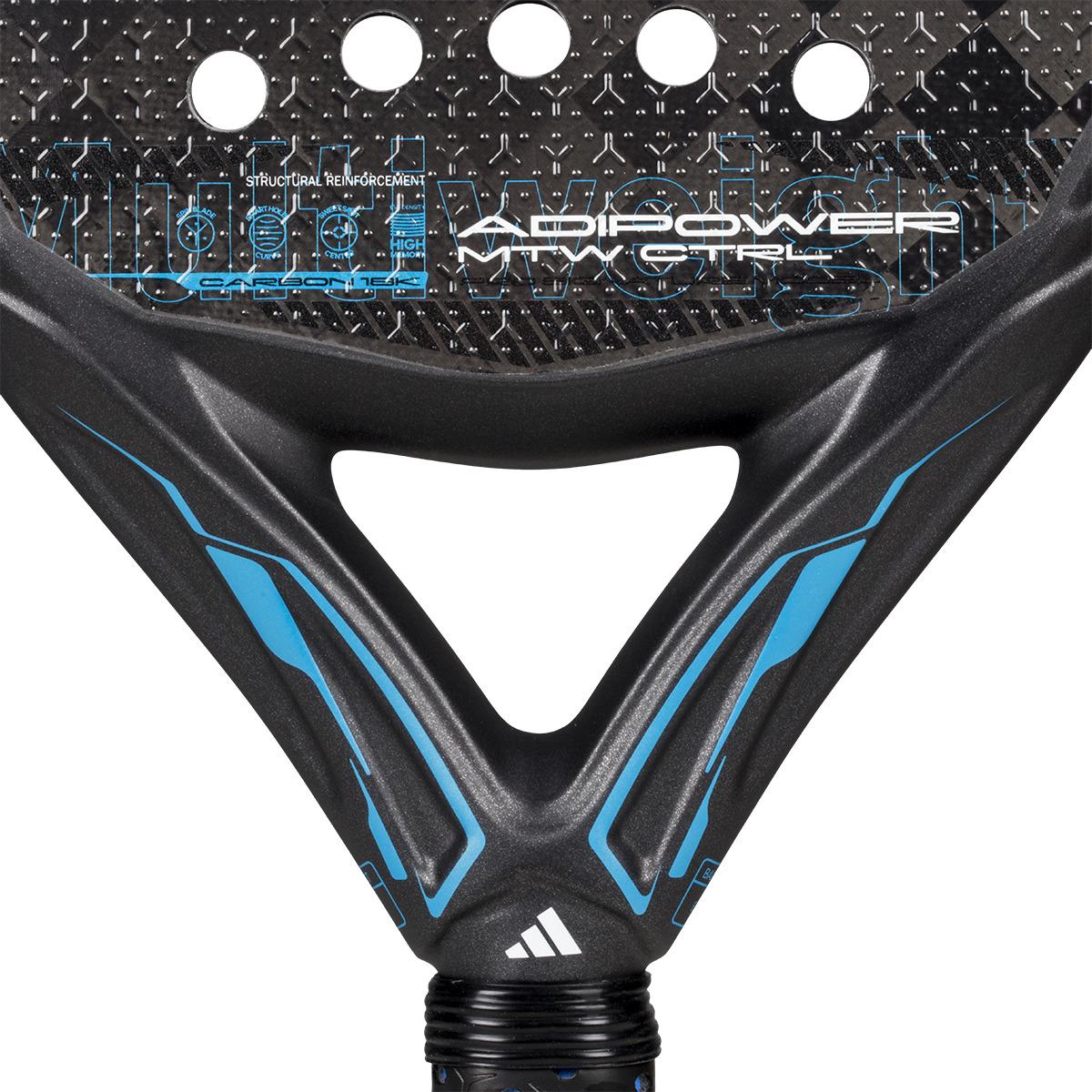 Close-up of an adidas Adipower Multiweight CTRL 3.4 padel racket in black and blue, featuring a triangular bridge. The brand name in blue is near the handle, with circular perforations and Álex Ruiz's signature highlighting its advanced technology.
