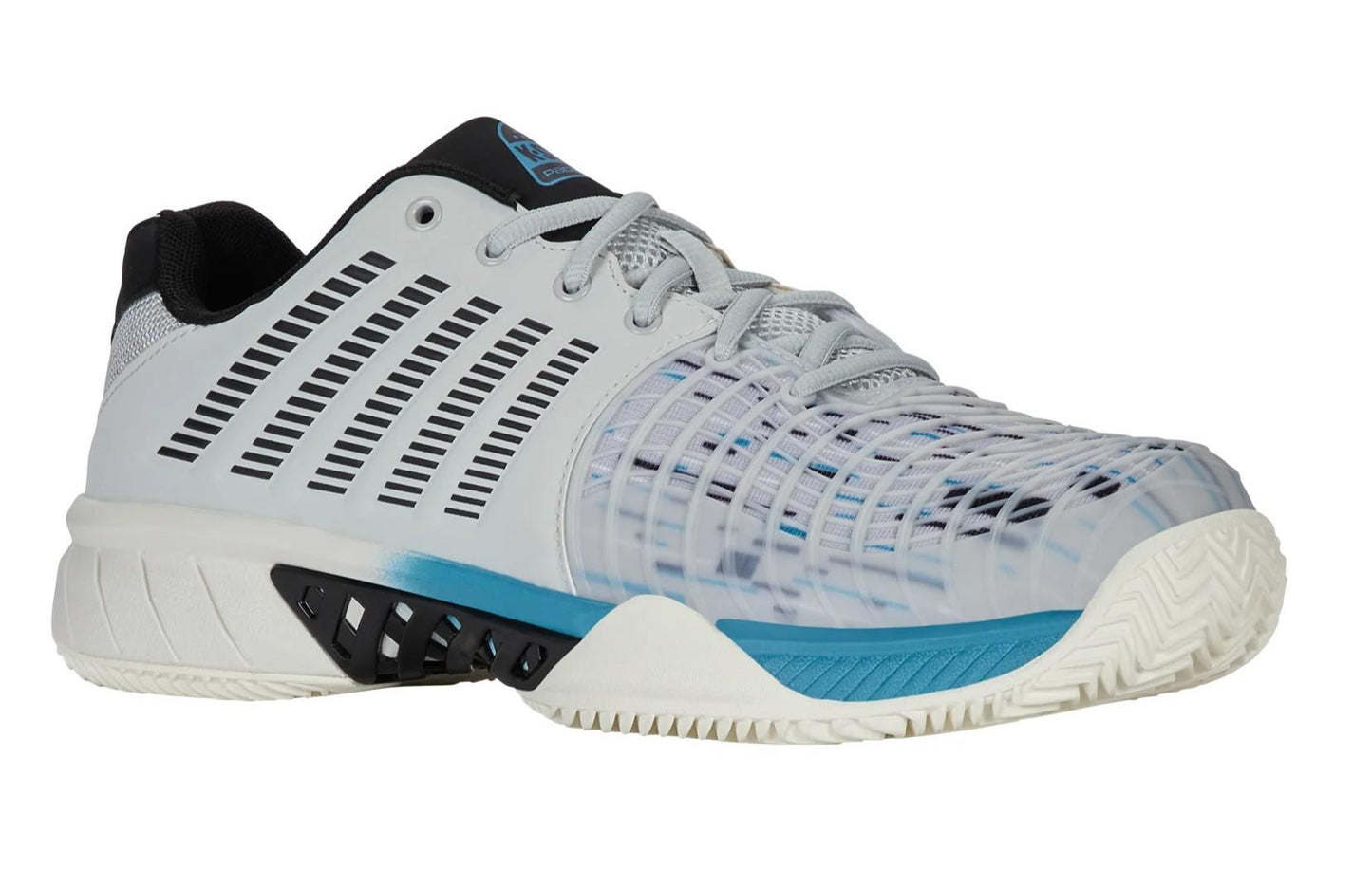 The K-Swiss Express Light 3 Men's Padel Shoes in Dawn Blue/Blue Moon/Black are athletic footwear with a mesh upper. Featuring DuraWrap Flex for durability and an HB Outsole for excellent traction, they are ideal for both sports and casual wear.