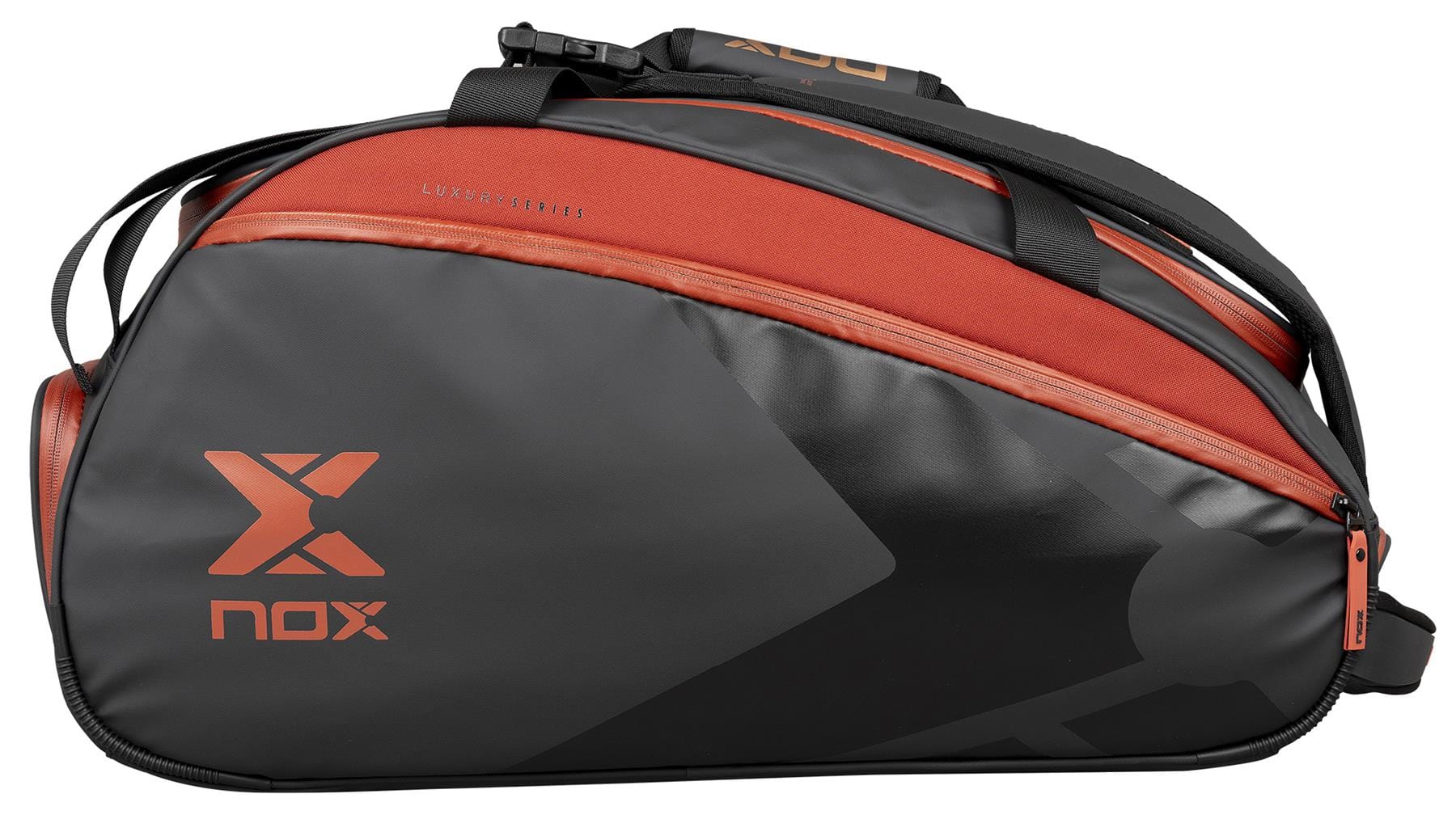 The NOX Luxury Open Series Padel Racket Bag in black and red features a zipper compartment, handles, the NOX logo, "Luxury Edition" text on the side, and advanced ThermoTech tech to protect your gear.
