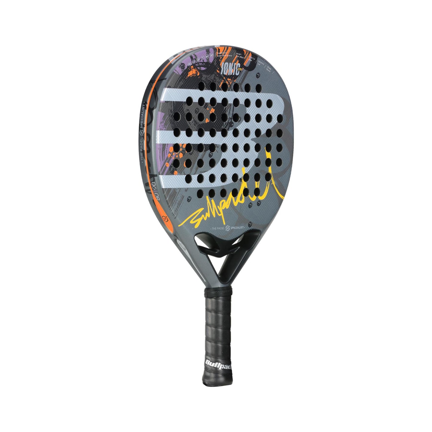 The Bullpadel Ionic Control 2024 Padel Racket in grey features a stylish orange design with black stripes and a bold yellow signature. Made from carbon fiber, the racket's surface is perforated, and it includes a secure black grip tape on the handle for optimal control.