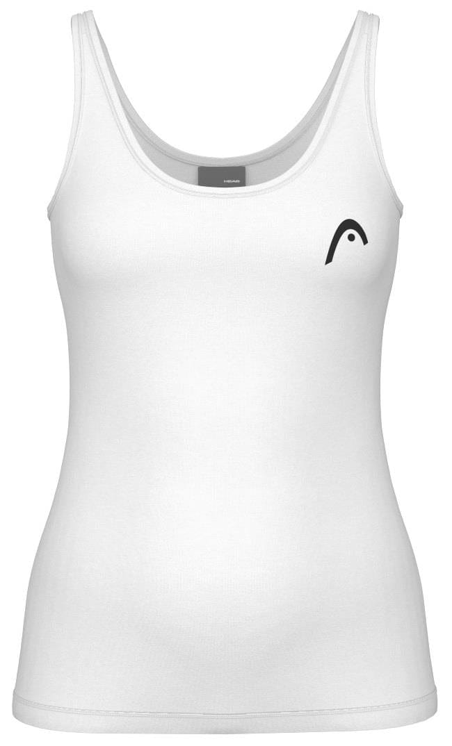 Introducing the HEAD Spirit II Women's Padel Tank Top in white, featuring a round neckline, sleeveless design, Moisture Transfer Microfiber technology for cooling, and a small black logo on the left chest for comfort and style.