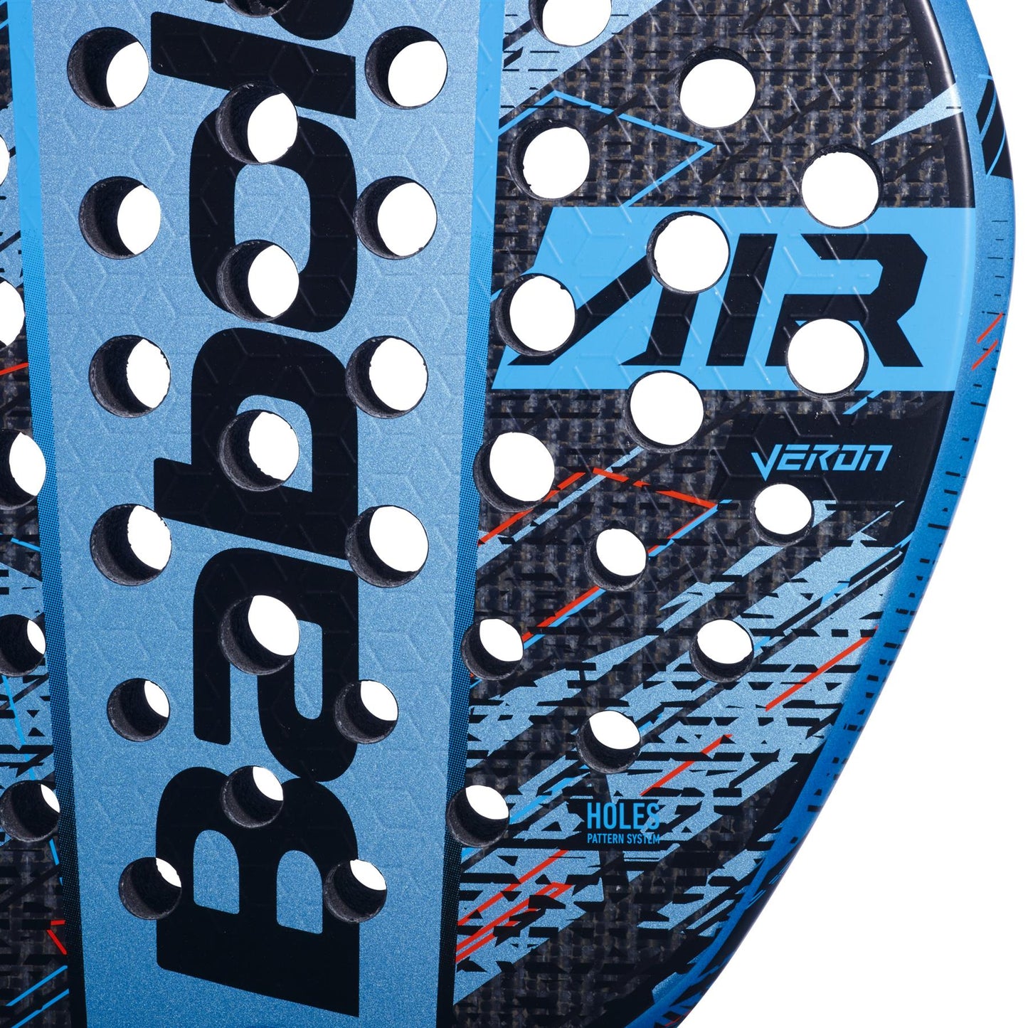 A close-up of the Babolat Air Veron Padel Racket in blue and black reveals its textured surface, designed for enhanced spin and comfort. The design highlights dynamic power with a pattern of diagonal lines and holes, prominently featuring the brand name "Babolat" along with the words "Air" and "Veron" in bold letters.